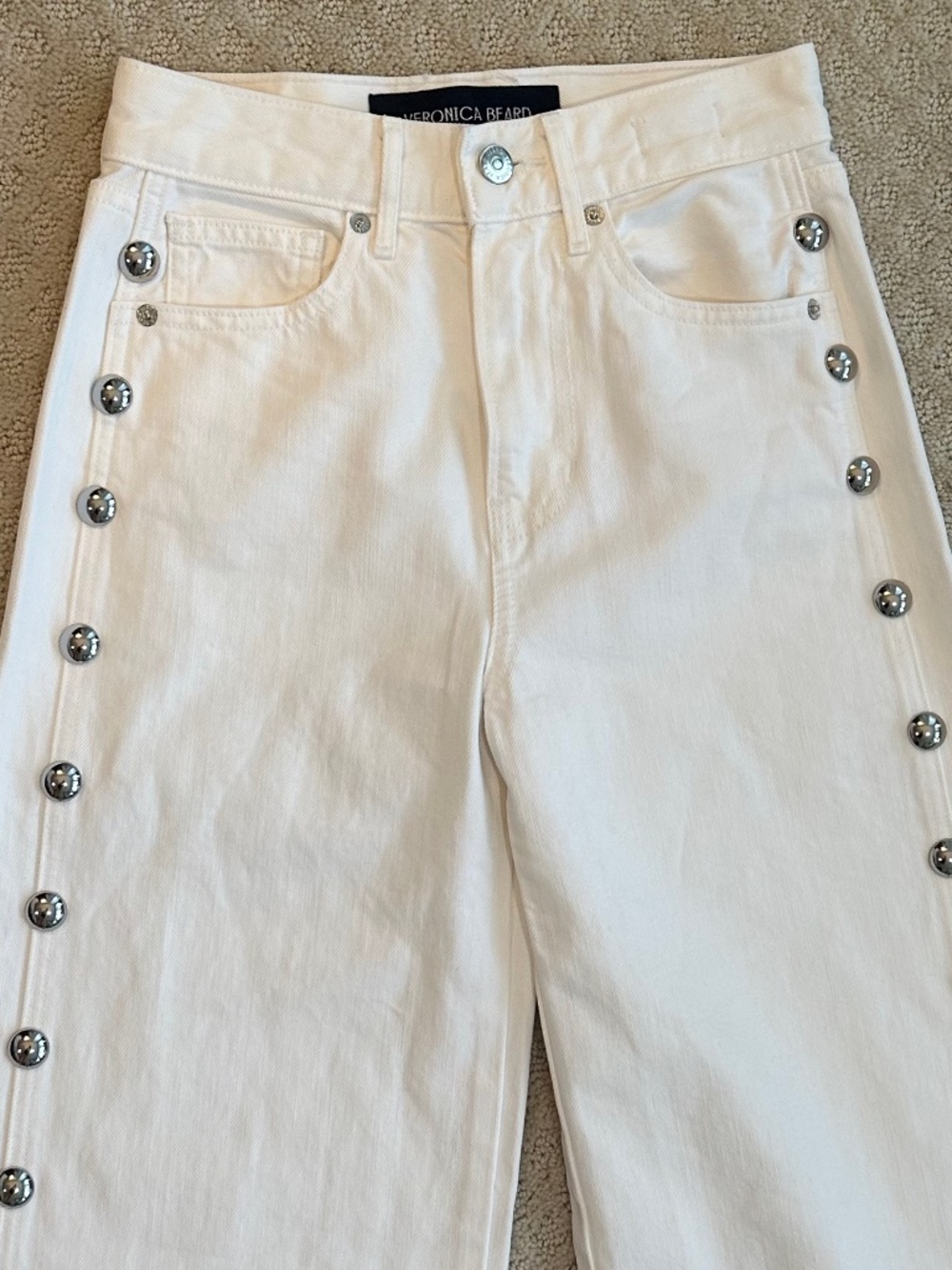 Veronica Beard Taylor High-Rise Wide Leg Studded Statement Jeans White 23 Casual - Picture 2 of 14